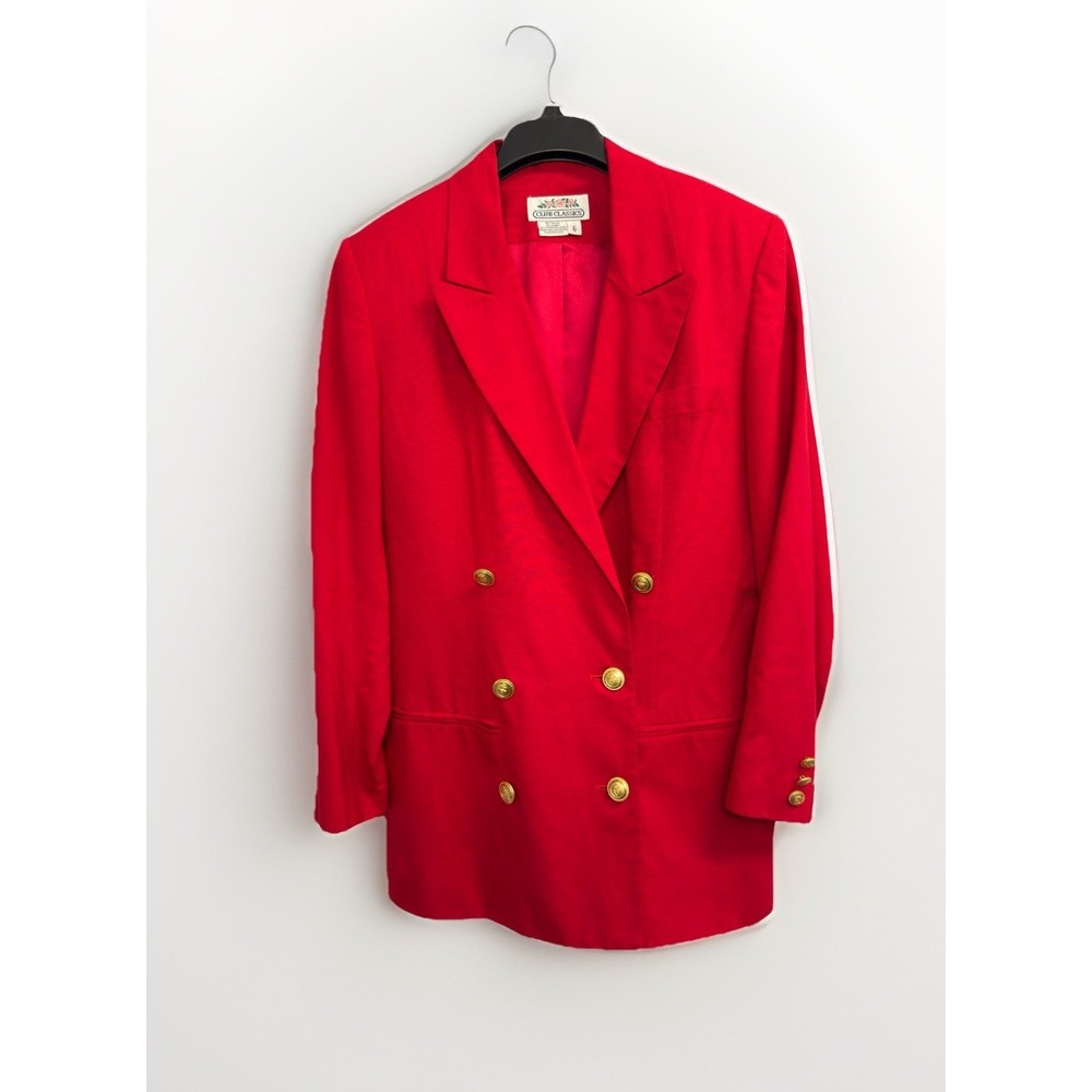 VTG Club Classics Women's 6 Double Breasted Blazer‎ Gold Buttons Red Linen Blend